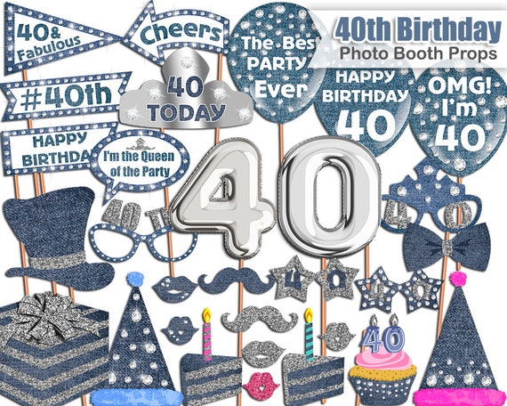 40th Birthday photo booth props, Denim, Diamonds, Crystal Sparkly, Birthday photo booth props, Photo Booth props set, PRINTABLE Il_570xn