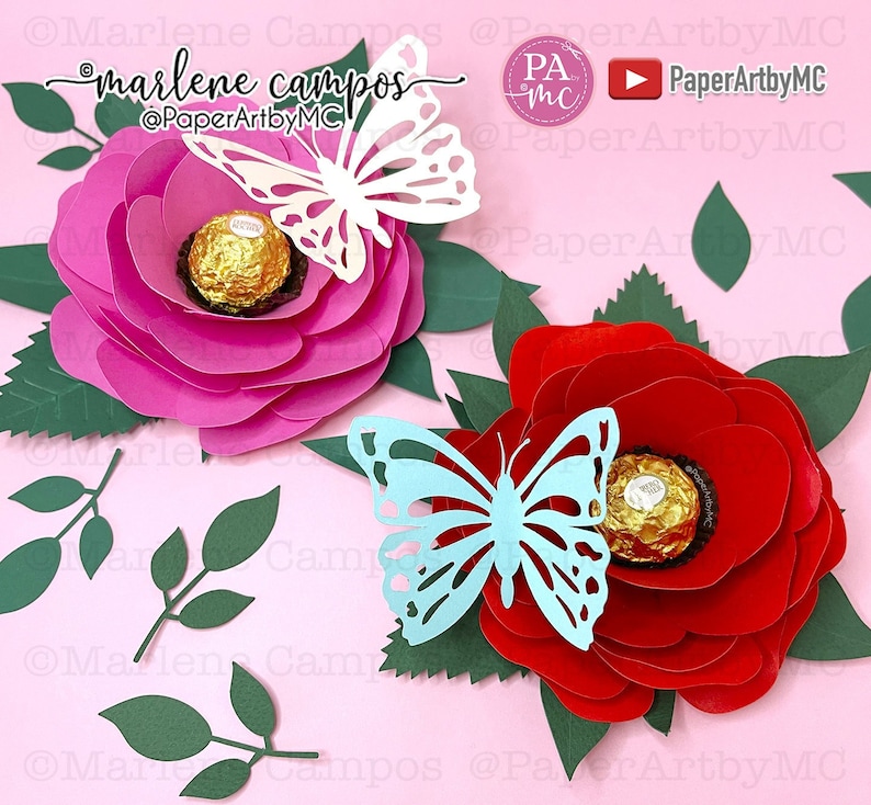 CUT FILE Paper Rose Chocolate Holder Rose and Butterfly Candy Holder TUTORIAL svg, dxf, png Cricut Project, Silhouette, ScanNcut image 1