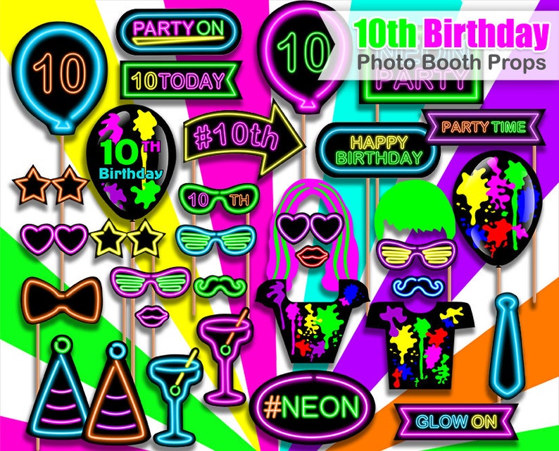 10th Birthday Photo Booth Props Neon Party Birthday Photo Etsy