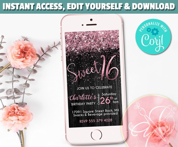 Birthday Electronic Invitation, Glitter Sweet 16 Birthday, e-vite, Rose Gold, Black, Wood, Smartphone Invitation, Evite | EDIT YOURSELF Il_570xn