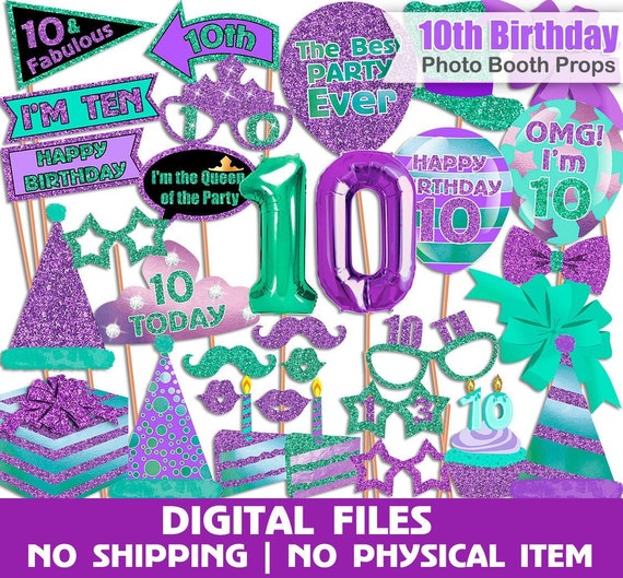10th Birthday photo booth props, Purple, Turquoise, 10th Birthday party, Birthday photo booth props, Photo Booth props set, INSTANT DOWNLOAD Il_570xn