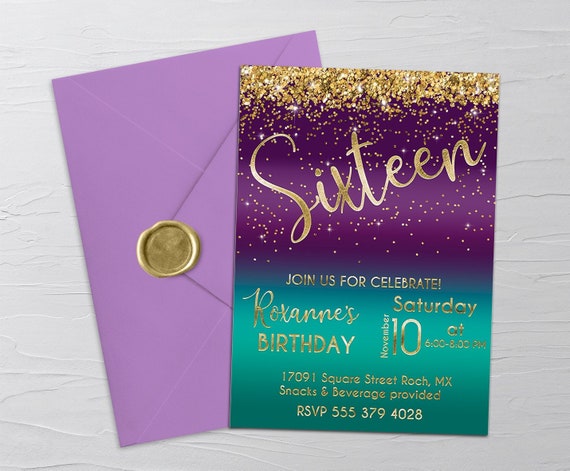 Sweet 16 Birthday Invitation Purple Turquoise Gold Glitter