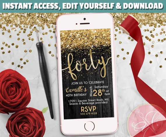 Forty Phone Invitation, Black Wood, Gold Glitter, 40th Birthday Evite, Electronic Invitation, Birthday Invitation - EDIT Yourself Corjl Il_570xn