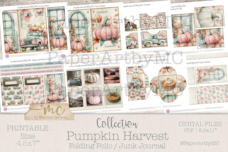 Pastel Pumpkin Junk Journal Folio Kit, Printable Fall Ephemera, Cozy Autumn Journal with Pockets, Soft Blush Scrapbook Printable image 6