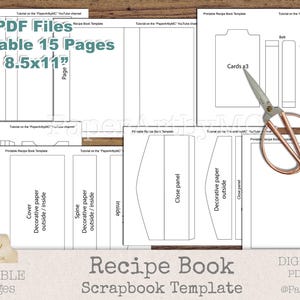 May include: A digital PDF recipe book scrapbook template with 15 printable pages, including accordion envelopes, cards, and decorative paper elements. The template is 8.5x11 inches and features the text "Recipe Book Scrapbook Template".