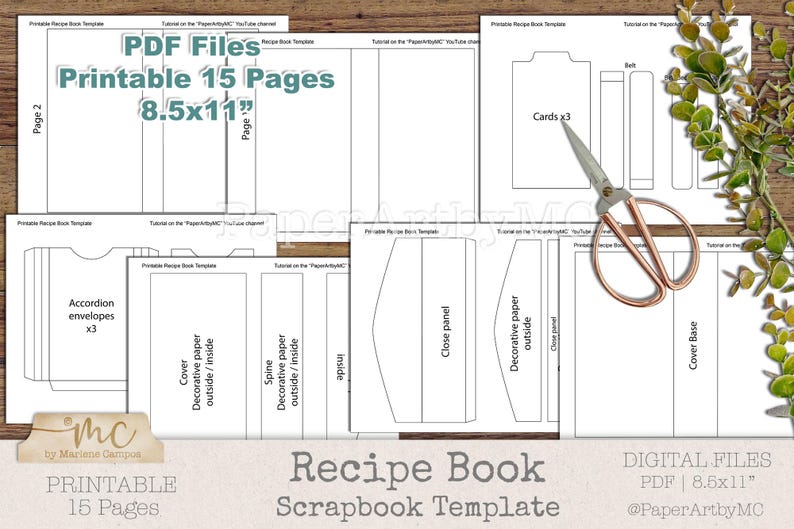 May include: A digital PDF recipe book scrapbook template with 15 printable pages, including accordion envelopes, cards, and decorative paper elements. The template is 8.5x11 inches and features the text "Recipe Book Scrapbook Template".