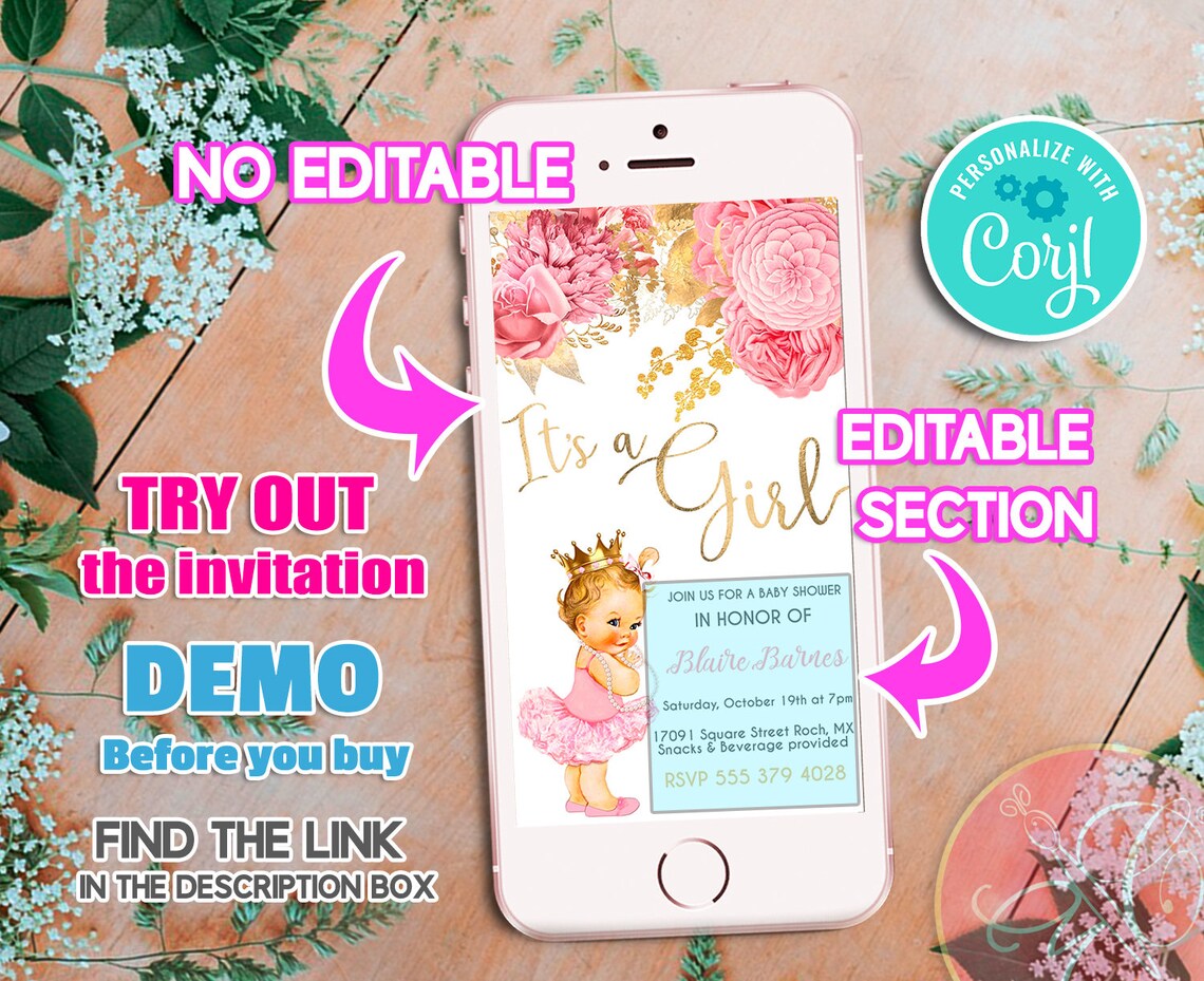 Baby Shower Pink Floral Evite Baby Girl Electronic Etsy