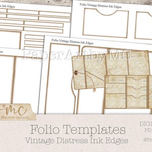 Op de afbeelding: Folio-sjablonen met vintage distress ink edges. De afbeelding toont verschillende papiersjablonen, waaronder zakken en tabbladen, met een verweerde, verouderde uitstraling. De afmeting is 11,4 x 17,8 cm.