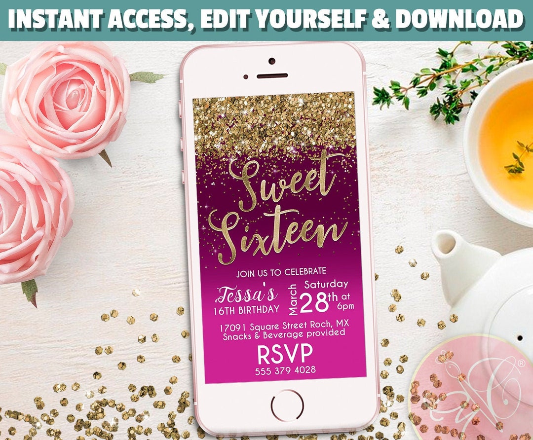 Sweet 16 Birthday Phone Invitation Hot Pink Gold Glitter - Etsy