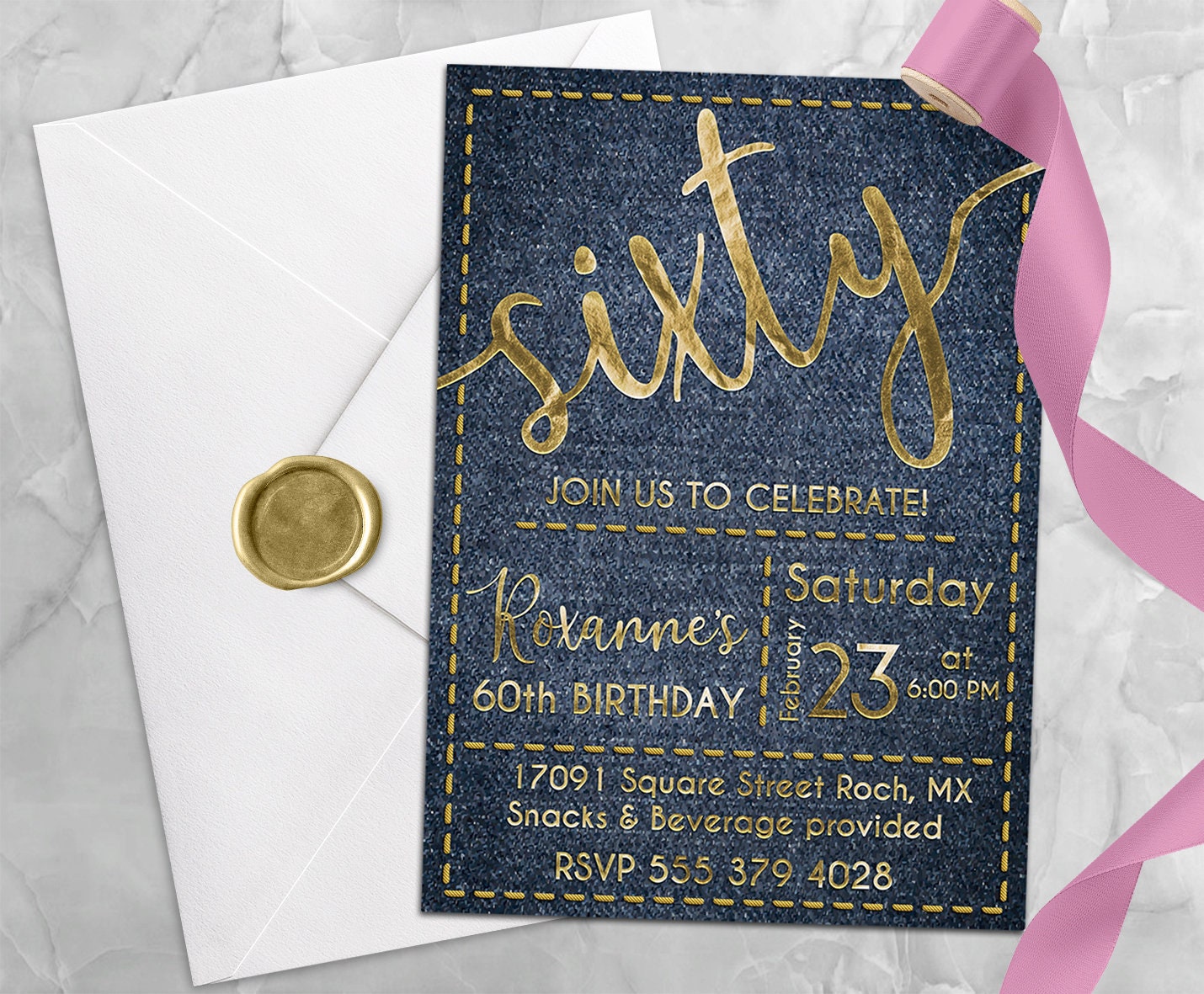 60th Birthday Invitation Denim Invitation Denim Birthday Etsy