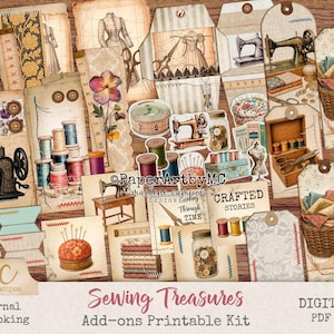 Puede incluir: Un collage de efímeras de costura vintage, que incluye etiquetas, rótulos e ilustraciones de máquinas de coser, carretes de hilo y tela. La paleta de colores es cálida, con marrones, cremas y toques de morado y azul. El texto incluye "Sewing Treasures" y "Crafted Stories".
