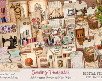 Sewing Treasures Printable Add-Ons, Vintage Scrapbooking Project, Sewing Ephemera Junk Journal Kit