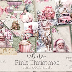 Christmas Junk Journal Kit, Pink Christmas, Junk Journaling, Ephemera, Pockets, Tags, Envelopes, Words Labels, Paper | PRINTABLE