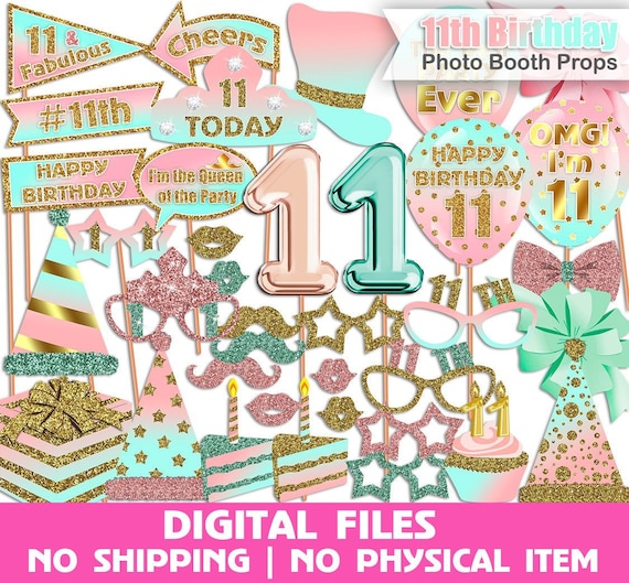11th Birthday photo booth props, Pink, Mint, Gold, 11th Birthday Party, Birthday photo booth props, Printable, INSTANT DOWNLOAD Il_570xn