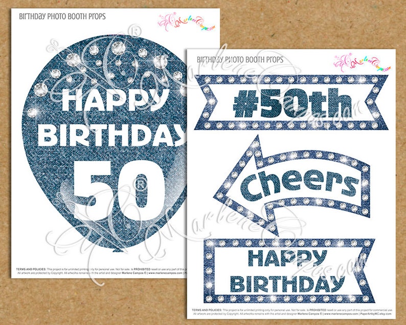 Diamonds Denim Birthday photo booth props PRINTABLE Crystal Sparkly Photo Booth props set 50th Birthday photo booth props