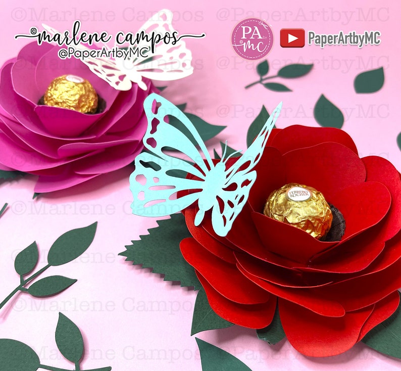 CUT FILE Paper Rose Chocolate Holder Rose and Butterfly Candy Holder TUTORIAL svg, dxf, png Cricut Project, Silhouette, ScanNcut image 4