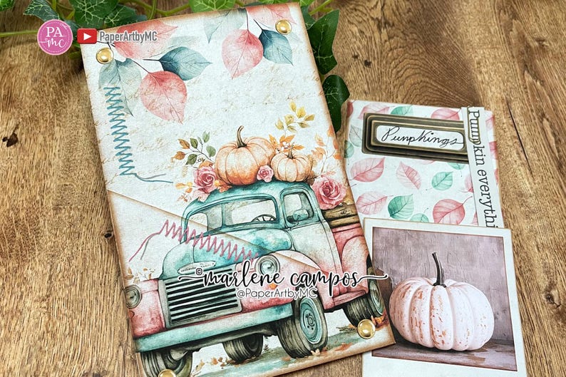 Pastel Pumpkin Junk Journal Folio Kit, Printable Fall Ephemera, Cozy Autumn Journal with Pockets, Soft Blush Scrapbook Printable image 4