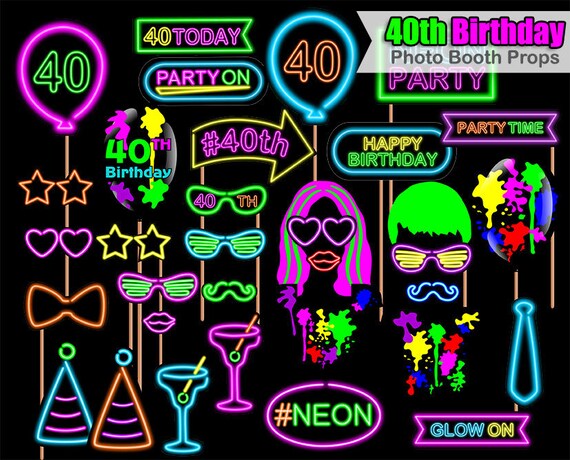 40th Birthday photo booth props, Neon, 40th Birthday, Birthday photo booth props, Photo Booth props set, Printable, INSTANT DOWNLOAD Il_570xn