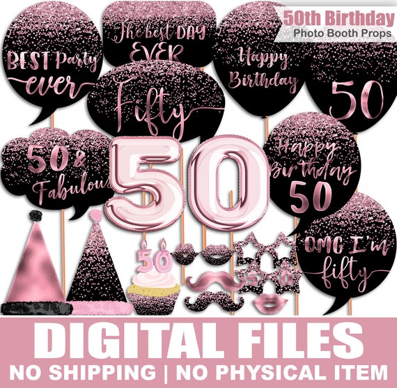 50th Birthday Photo Booth Props, Glitter, Rose Gold, Black, Pink Foil, Birthday photo booth props, Printable, INSTANT DOWNLOAD Il_570xn