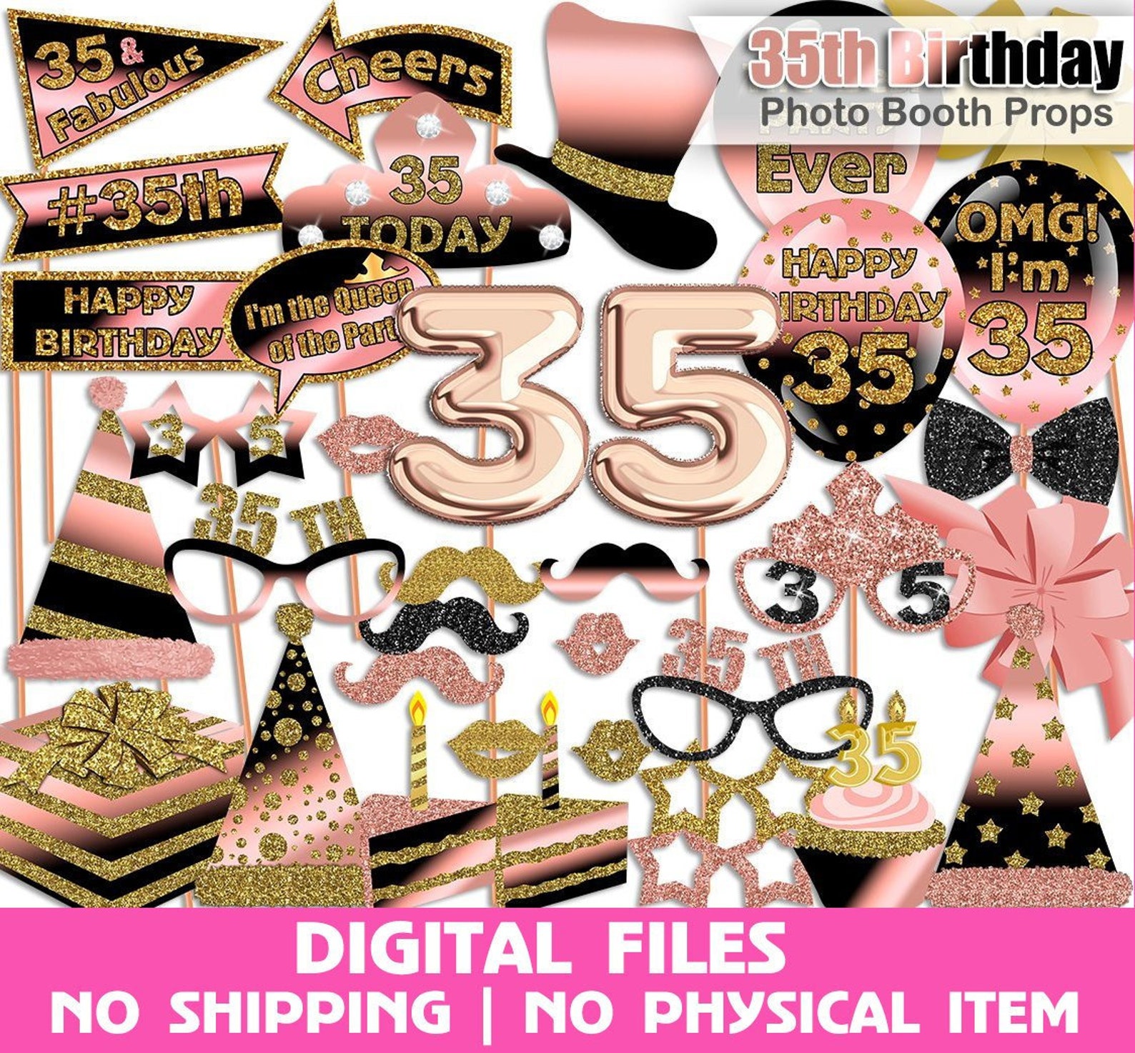 35th Birthday Photo Booth Props Rose Gold Black Gold 35th Etsy