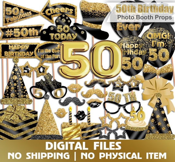 50th Birthday photo booth props, Luxury Glitter, Gold, Black, 50th ...