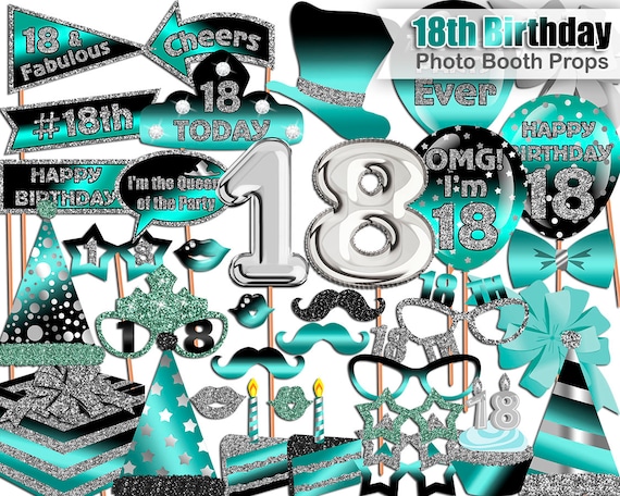 18th Birthday Photo Booth Props Turquoise Black Silver 18th