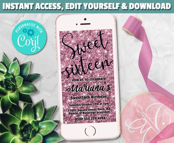 Sweet Sixteen Evite, Rose Gold Glitter, Sweet 16, Electronic Invitation, e-vite, Smartphone Invitation, Birthday invite - EDIT YOURSELF Il_570xn
