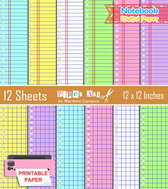 Notebook Digital Papers, Back to school digital paper, 12x12 printable
