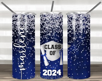 ANY YEAR Graduation Skinny Tumbler Sublimation, Blue, SILVER Glitter, Class of, Skinny Tumbler 20oz Design, Download Template