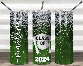 ANY YEAR Graduation Skinny Tumbler Sublimation, Green, SILVER Glitter, Class of, Skinny Tumbler 20oz Design, Download Template