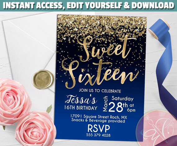 Sweet Sixteen Invitation Template, Royal Blue, Gold Glitter, EDITABLE Invitation, 16th Birthday