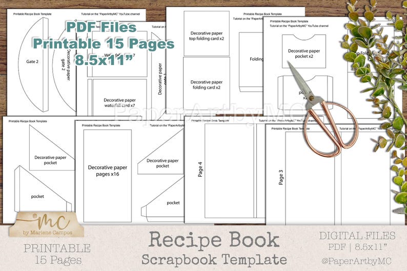 May include: A collection of printable PDF files for a recipe book scrapbook template. The design includes various decorative paper elements, pockets, and pages, all sized at 8.5x11 inches. The text on the image reads "Printable 15 Pages".