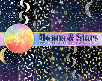 Moon and Stars Digital Paper, Stars digital paper, Moon Digital Paper, Moons and Stars background, Scrapbook Paper, Commercial use