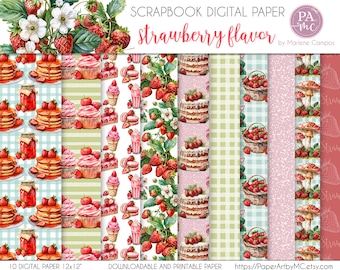 Digital Paper, Strawberry Flavor, Scrapbook Paper, Scrapbooking Paper, Junk Journal Paper, Printable, Digital Files, Instant Download