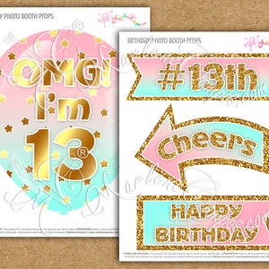 13th Birthday Photo Booth Props, Pink, Mint, Gold, 13th Birthday Party ...