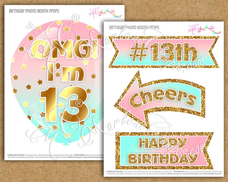 13th Birthday photo booth props, Pink, Mint, Gold, 13th Birthday Party, Birthday photo booth props, Printable, INSTANT DOWNLOAD image 2