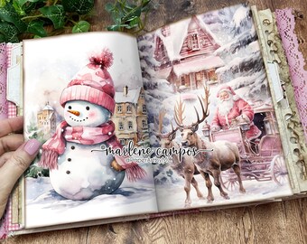 Pink Christmas Junk Journal Pages: Printable Winter Scrapbook (PDF)