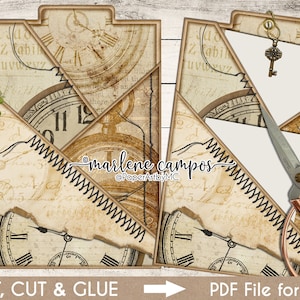 Journal Pocket Tags Add-on, Printable Vintage Clock Insert Template, Scrapbook Ephemera