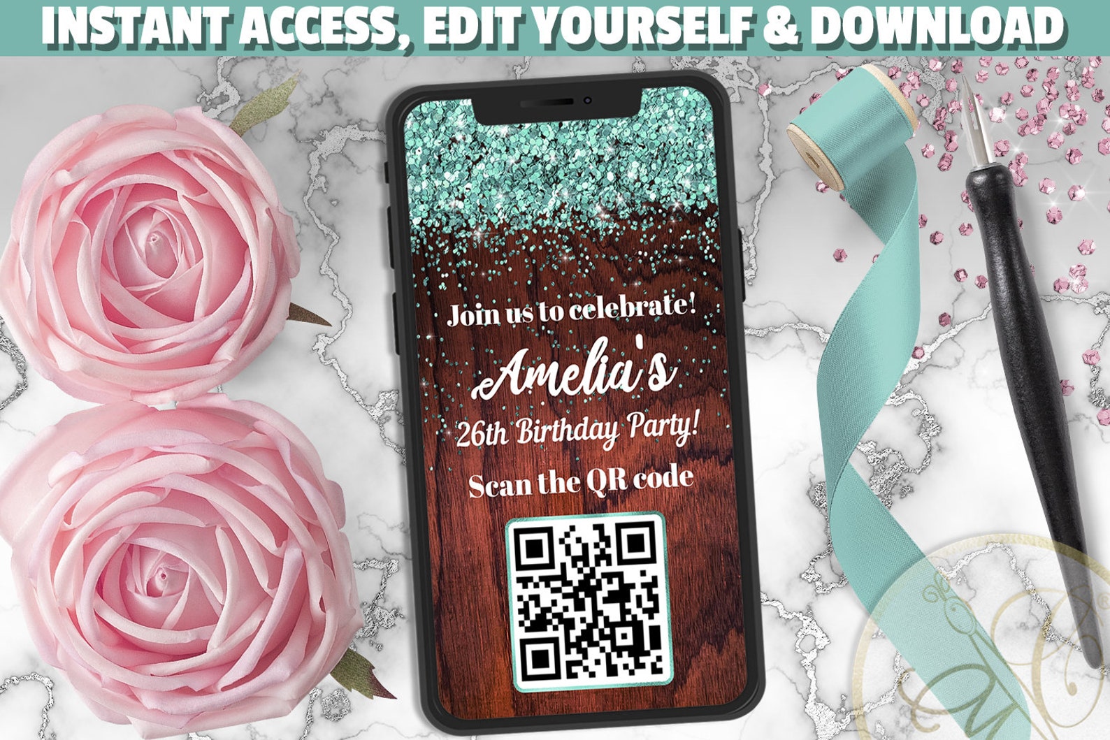 QR Code Phone Invitation Wood Aqua Glitter Any Event QR | Etsy