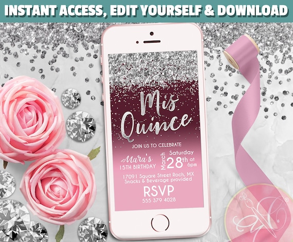 Mis Quince Phone Invitation, Rose Gold, Silver Glitter, Electronic Invite, 15th birthday, Mis quince invite, Text Message invite - EDITABLE Il_570xn