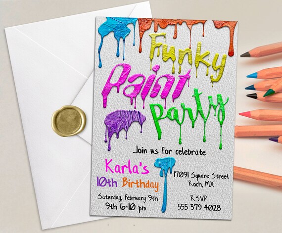 Funky Paint Invitation, Birthday invite, Any Age, Paint Art Birthday, Paper background, paint party, Neon Paint, Digital | PRINTABLE Il_570xn