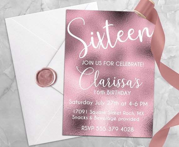 16th Birthday Invitation Rose Gold Foil Glam Birthday Rose Gold