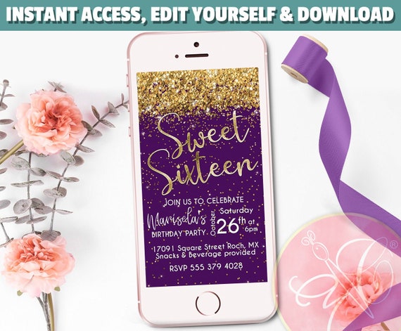 Sweet Sixteen Evite, Purple, Gold Glitter, Electronic Invitation, Sweet 16, birthday, e-vite, Smartphone Evite, Birthday evite EDIT YOURSELF Il_570xn