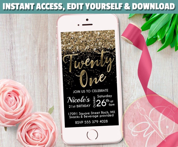 21st Birthday Invite, Electronic Invitation, Purple, Gold Glitter, Birthday invitation, Phone Invitation, Text Message invite -EDIT YOURSELF Il_570xn