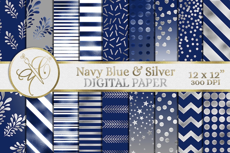 Navy Blue and Silver Digital Paper, Foil Effect, Background Pattern, Digital Background, Scrapbooking Paper INSTANT DOWNLOAD image 1
