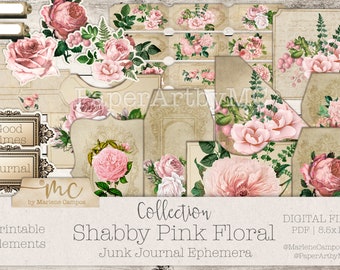 Shabby Chic Roses Junk Journal Ephemera Kit, Printable Vintage Floral Add-ons, Pink Rose Elements, Journal and Scrapbook Insert
