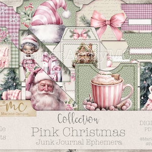 Pink Christmas Junk Journal Ephemera | Pink Christmas, Junk Journaling, Tags, Pockets, Envelopes, Tabs, Words Labels | PRINTABLE