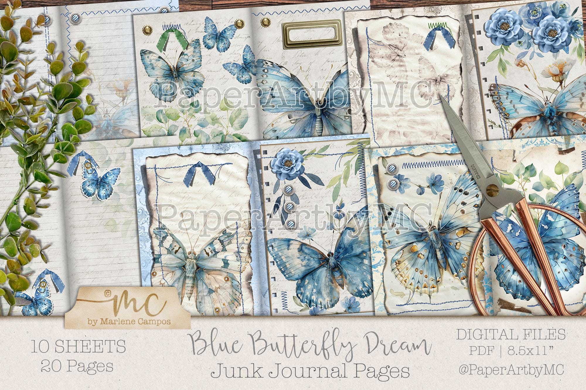 Blue Butterfly Junk Journal Kit, Printable Journaling Pages and ...