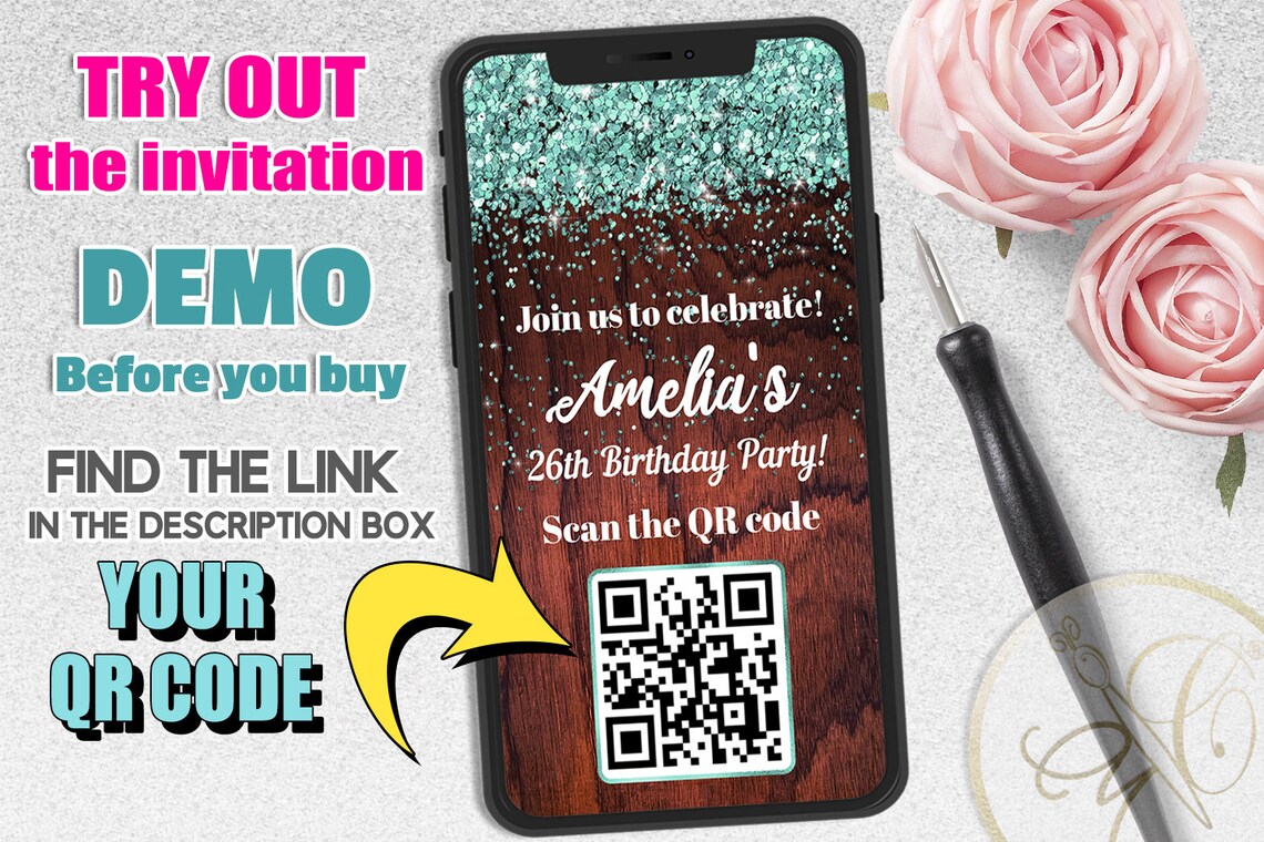 QR Code Phone Invitation Wood Aqua Glitter Any Event QR | Etsy