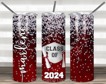 ANY YEAR Graduation Skinny Tumbler Sublimation, Burgundy, SILVER Glitter, Class of, Skinny Tumbler 20oz Design, Download Template